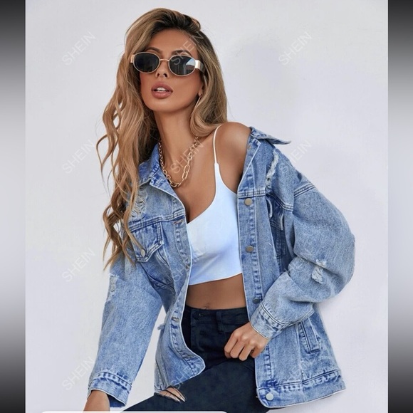 Button Front Flap Pocket Drop Shoulder Denim Jacket - Picture 2 of 3